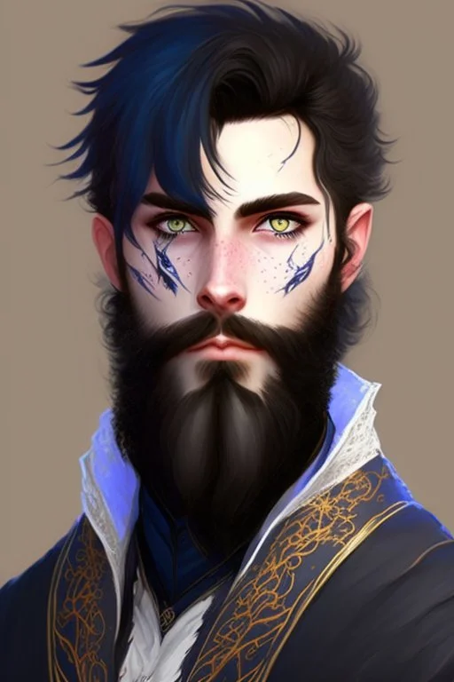 Black haired blue eyed freckled young male warlock in the style of aubrey beardsle