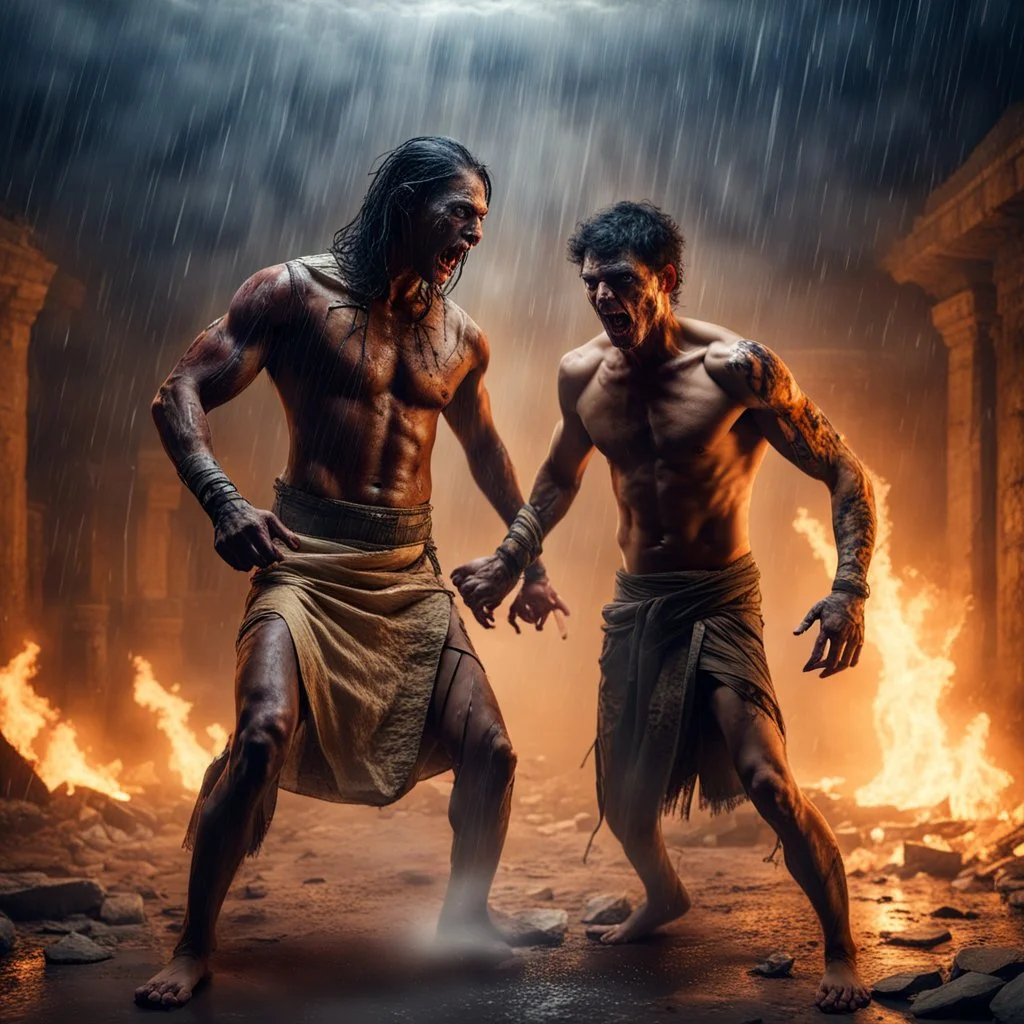 Hyper Realistic fight between Egyptian Mummy & a Muscular handsome male zombie in a heavy rainy night inside a burning pyramid