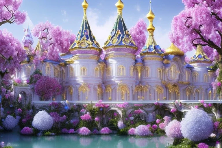 a magical crystal flower lys bougainvillier fuksia blue gold house russian palace castle in the woods, magnolias pink,blue lake,sun,white swanns,pink vertical, blue lake,sharp, vines, candlelit, endor, ornate, elegant, highly detailed, artstation, concept art, smooth, sharp focus, illustration, 8k, splash art, wallpaper, key visual