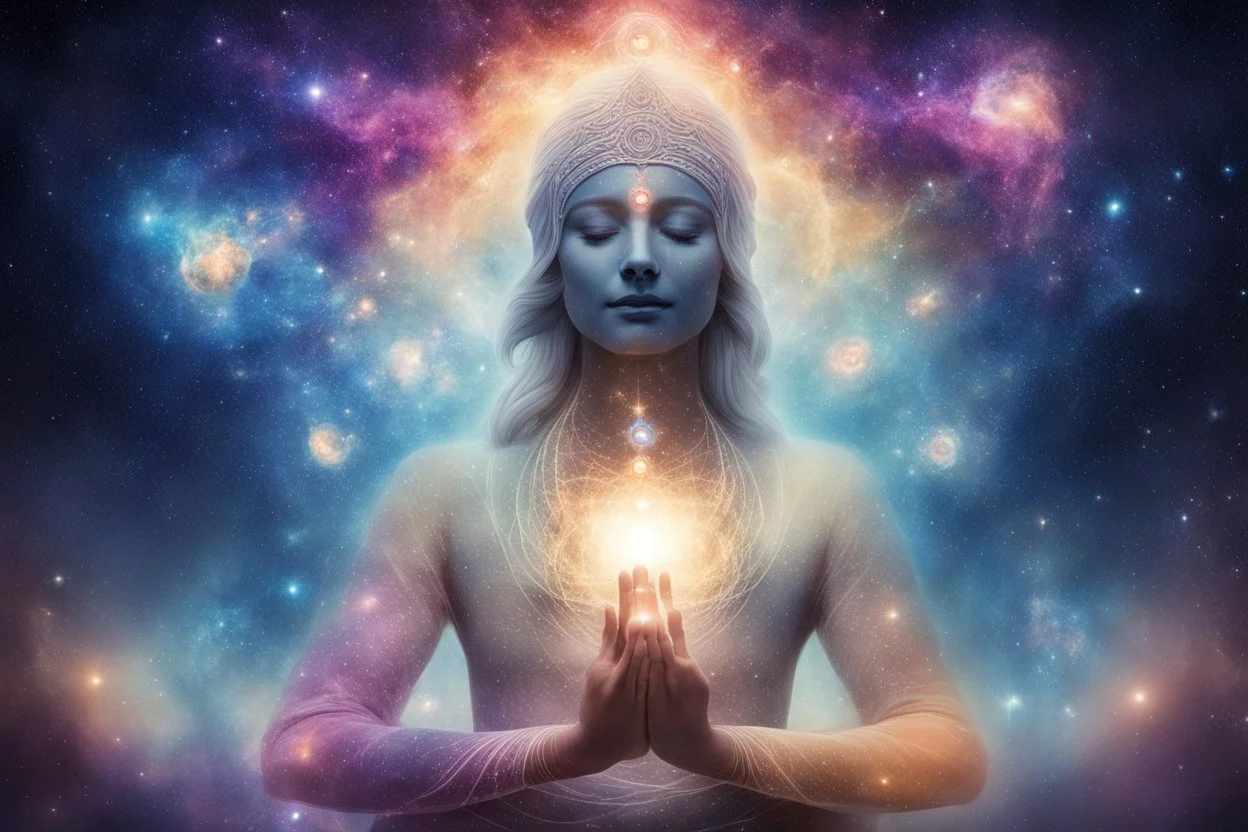 kundalini, connected to the universe, few colours of galaxy, holding galaxies in few hands