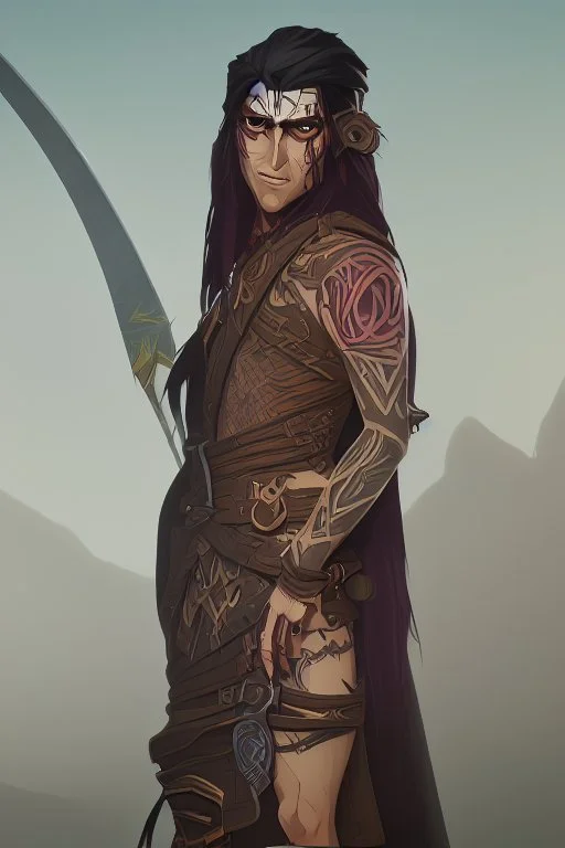 long haired warrior with tribal tattoos and cloak