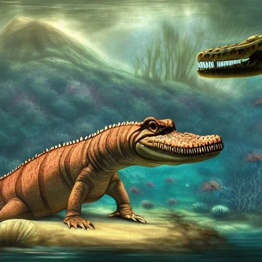 beautiful, stunning paleoart of masosaurus with alligator head and eel body, underwater, coral reefs, plants, in the style of eleanor kish, davide bonadonna, julius csotony, fabio pastor, wide field of view, Masosaurus, photorealistic, illustrative, digital art, 8k resolution, detailed matte, painting, artwork, deviantart