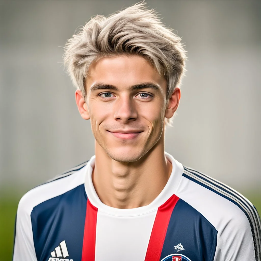 85mm DSLR color photography of a very detailed headshot fitting all of head and hair in frame. 18-year-old French soccer player, and with no facial hair and has no facial hair, has medium length straight white hair with a small smile, grey background