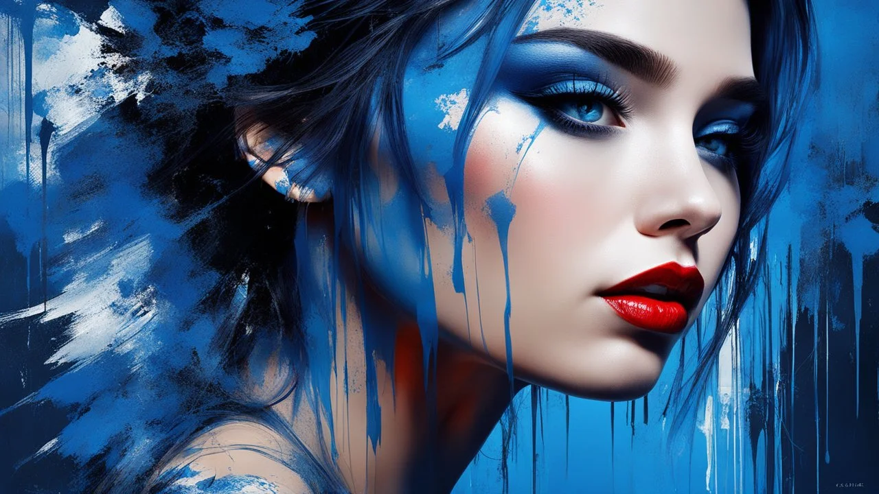 masterpiece, best quality, ultra high res, 1girl, (abstract art:1.4), bleeding blue, blue theme, visually stunning, beautiful, evocative, emotional, side view,