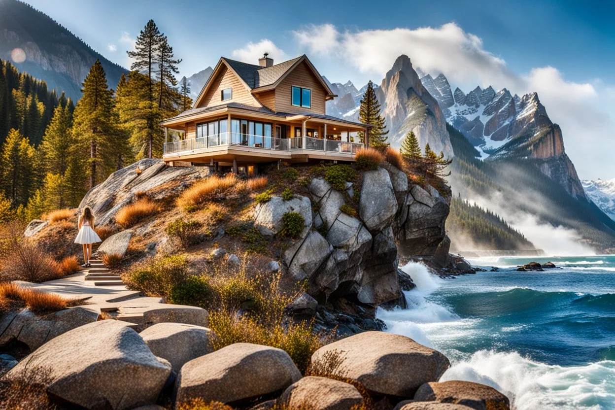 pretty dream houses in rocky mountain in wavy sea side, 1beautiful lady standing on rock