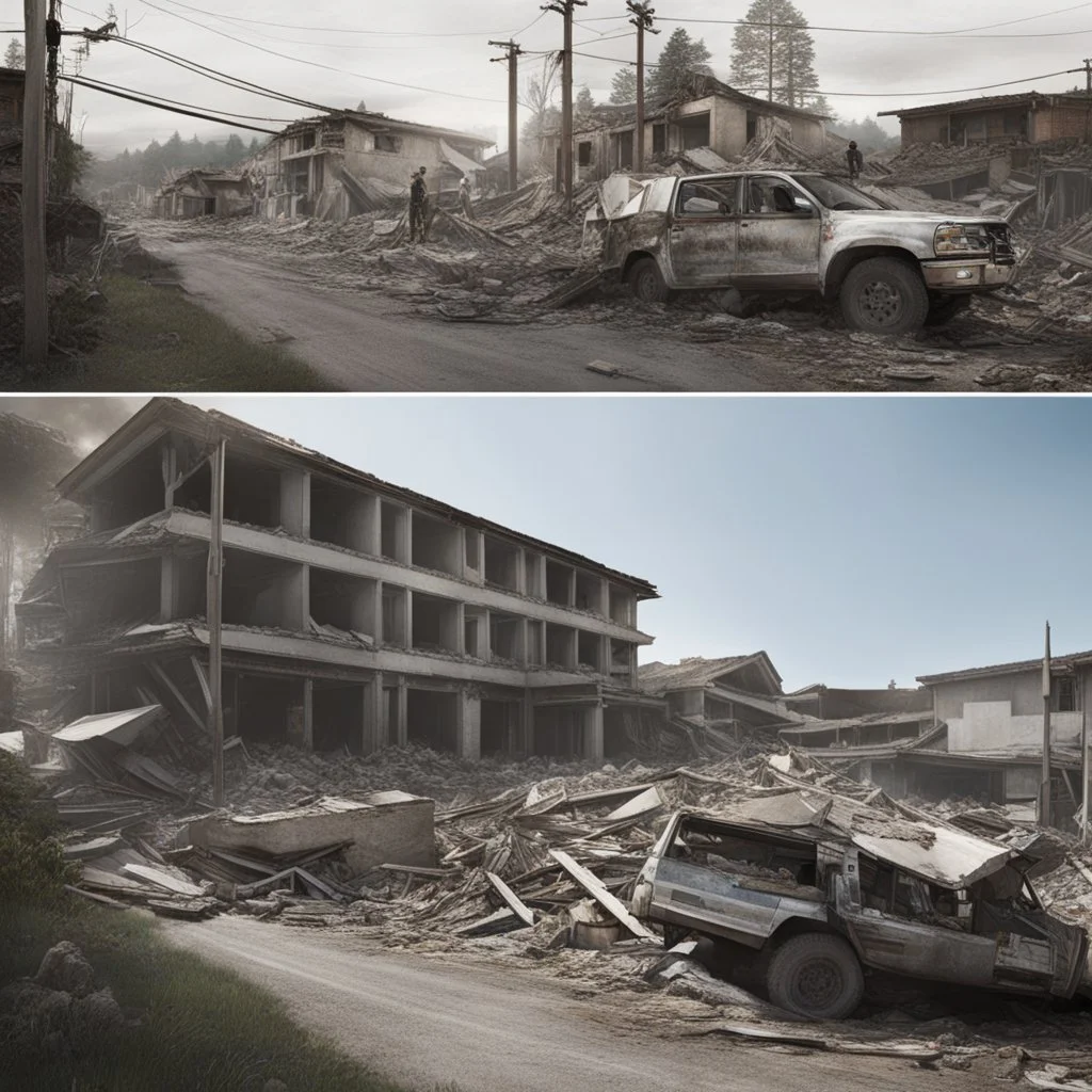 **Cinematic Artwork:** A visual narrative showing the impact of an earthquake on a community without proper infrastructure versus one with optimized buildings. The contrasting outcomes highlight the drastic difference in casualties and chaos. The scene should use split-screen techniques and slow-motion effects to emphasize the life-saving benefits of preparedness and modern construction practices. **Appearance:** cinematic portraits that embodies the themes of constructing earthquake-mitigating