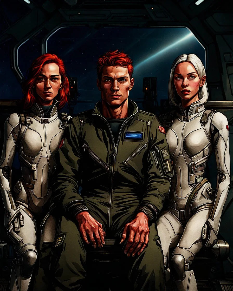 Photorealistic image of a young man in a flight suit with two tall, slender female androids in one-piece suits, one with red hair and one with white hair, standing on the bridge of a spaceship.