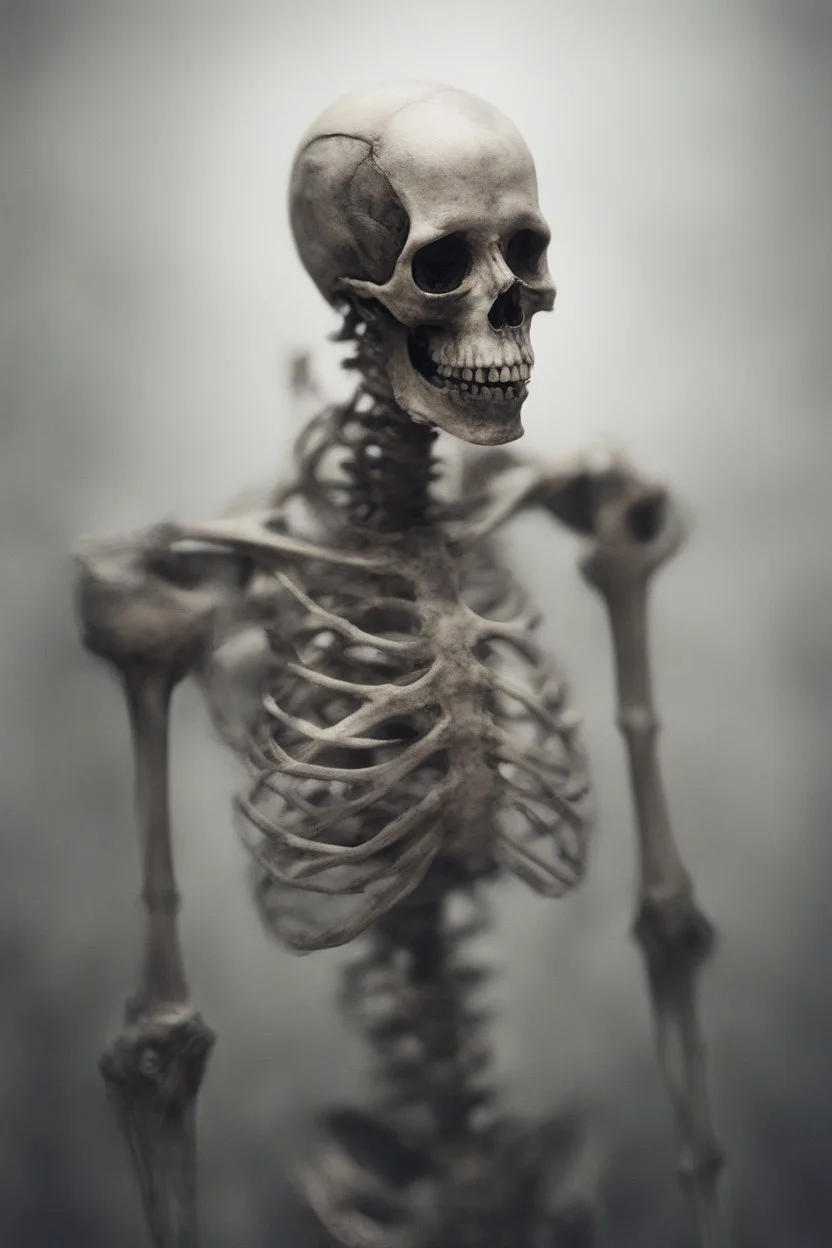 a blurry, distressing, haunting image of a fracturing skeleton, realistic