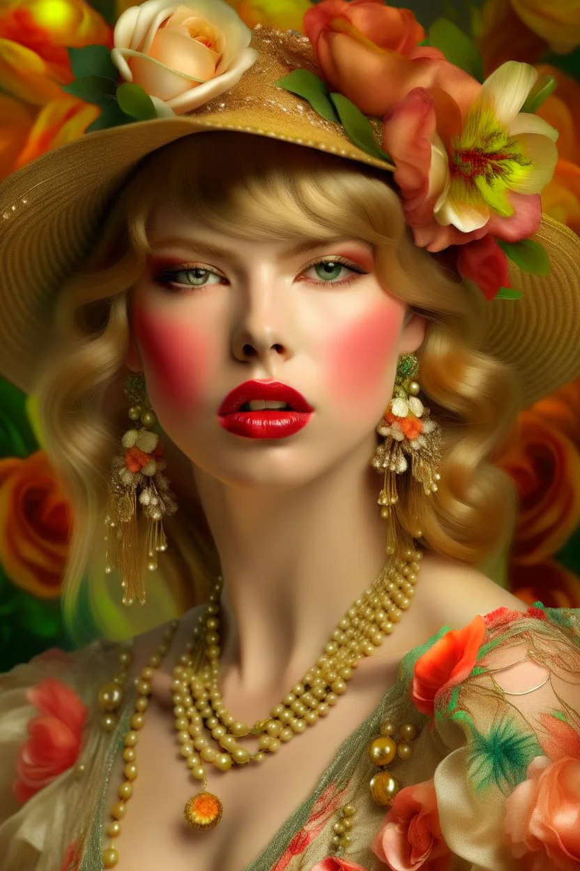 Beautiful face Taylor Swift with árt Nouveau style tiger lily flower, firelilies pearls liliflower, a hat and. Rose quartz beads colour gradient, Golden dust patina ornate headdress wearing árt Nouveau style floral lily and pearl lace ornate and gold chain effect ed costume organic bio spinal ribbed detail of full árt Nouveau floral background