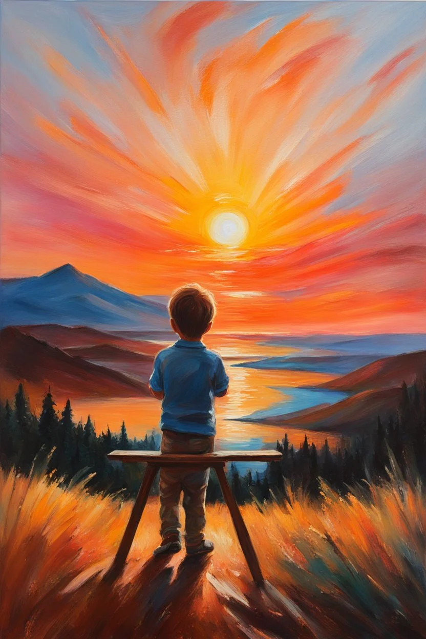 Canvas texture, the scream style, A PEACH FUZZ painting of an amazing landscape picture in gouache, fast minimalistic brushstrokes, an amazing PEACH FUZZ sunset shimmering in bright colors PEACH FUZZ, Rear view of a very small boy with a brush in hand, standing in front of an easel and painting the landscape. Texture of the canvas oil paints