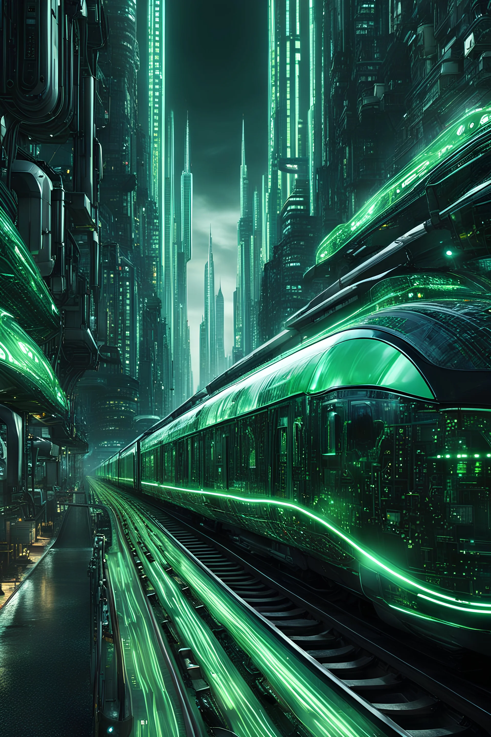 black and green theme, extremely detailed beautiful, street level view of very strange advanced futurist train driving in a strange looking glossy intricate digital city, completely of binary code, mysterious, consisting fully of binary code, street level, detailed matte painting, fantastical, intricate detail, splash screen, colorful, fantasy concept art, 8k resolution, Unreal Engine 5, high contrast sharp focus, black and green theme, glossed and polished, Giger style