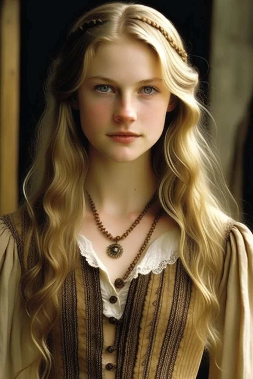 A girl in her late twenties, with slightly sharp features, long blond hair and hazel eyes, wearing a Chanel dress, with a rustic look