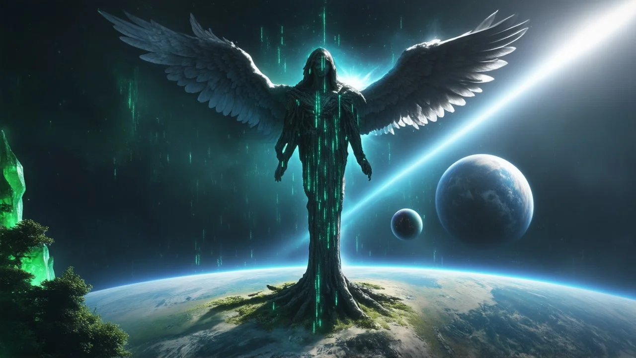 matrix universe, space, planets, god creation, angels from other dimensions with beautiful wings, trees on the planet, behind green crystals of light, few tiberium monolith deposits on the planet near tree,