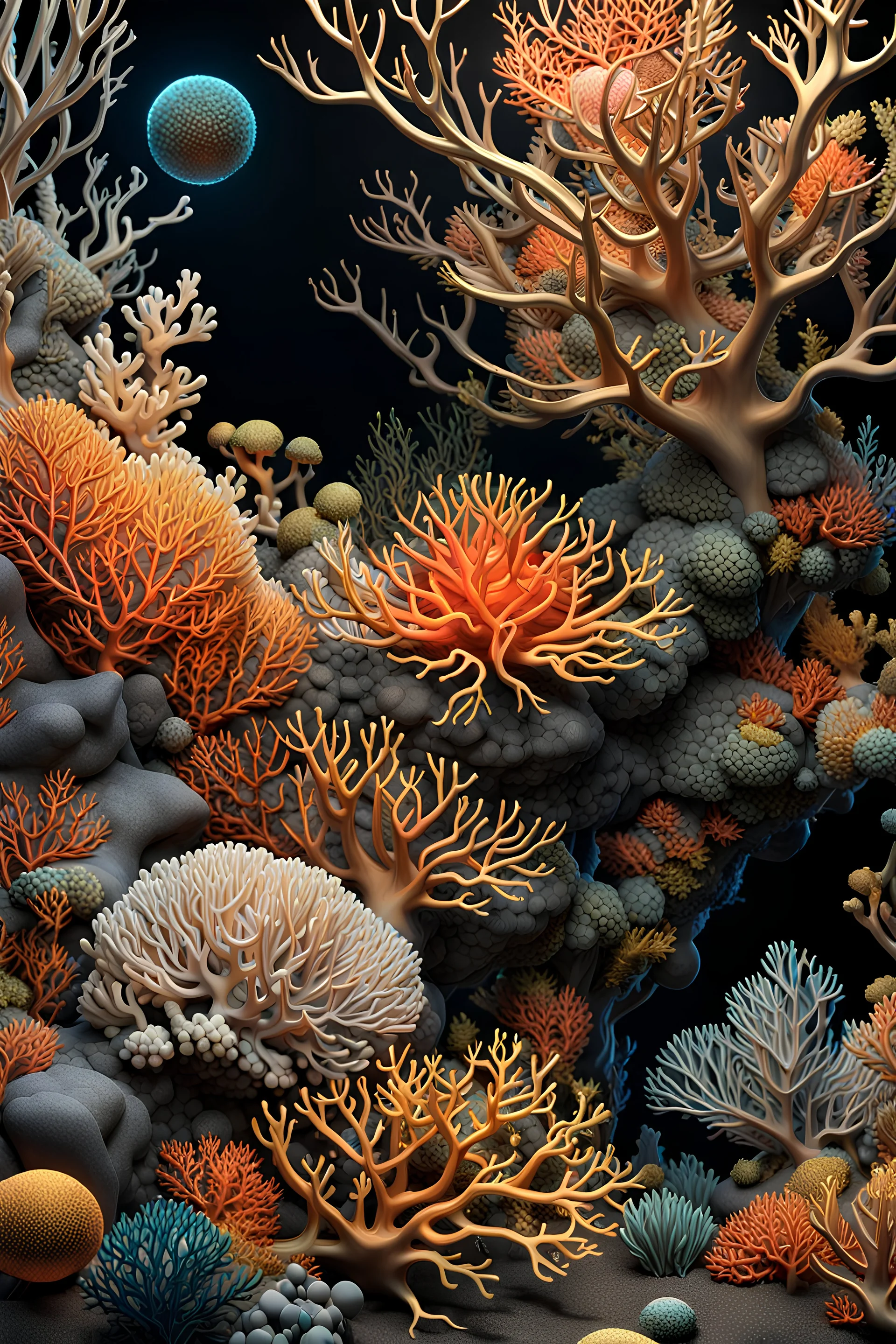 3D rendering of Expressively detailed and intricate of a hyperrealistic “coral reef”: side view, scientific, single object, shinning gold, vines, tribalism, black background, shamanism, cosmic fractals, octane render, 8k post-production, detailled metalic bones, dendritic, artstation: award-winning: professional portrait: atmospheric: commanding: fantastical: clarity: 16k: ultra quality: striking: brilliance: stunning colors: amazing depth