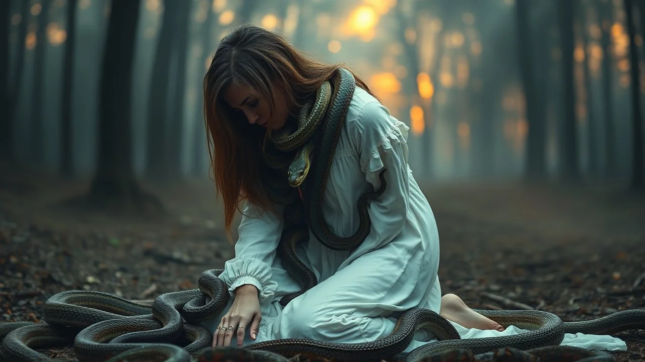 an suffering and crying female figure kneel in vintage white long-sleeve sleepdress and a lot of giant green-brown color and black-red color shiny evil snakes climbing on his all body completely covered, twisting her legs , many snake climbing her body and neck, long, messy dark blonde hair covering her face, high detalied, high realistic, cinematic, surreal, thriller, dark fantasy, sunset, mistic fog, blur dark forest in background