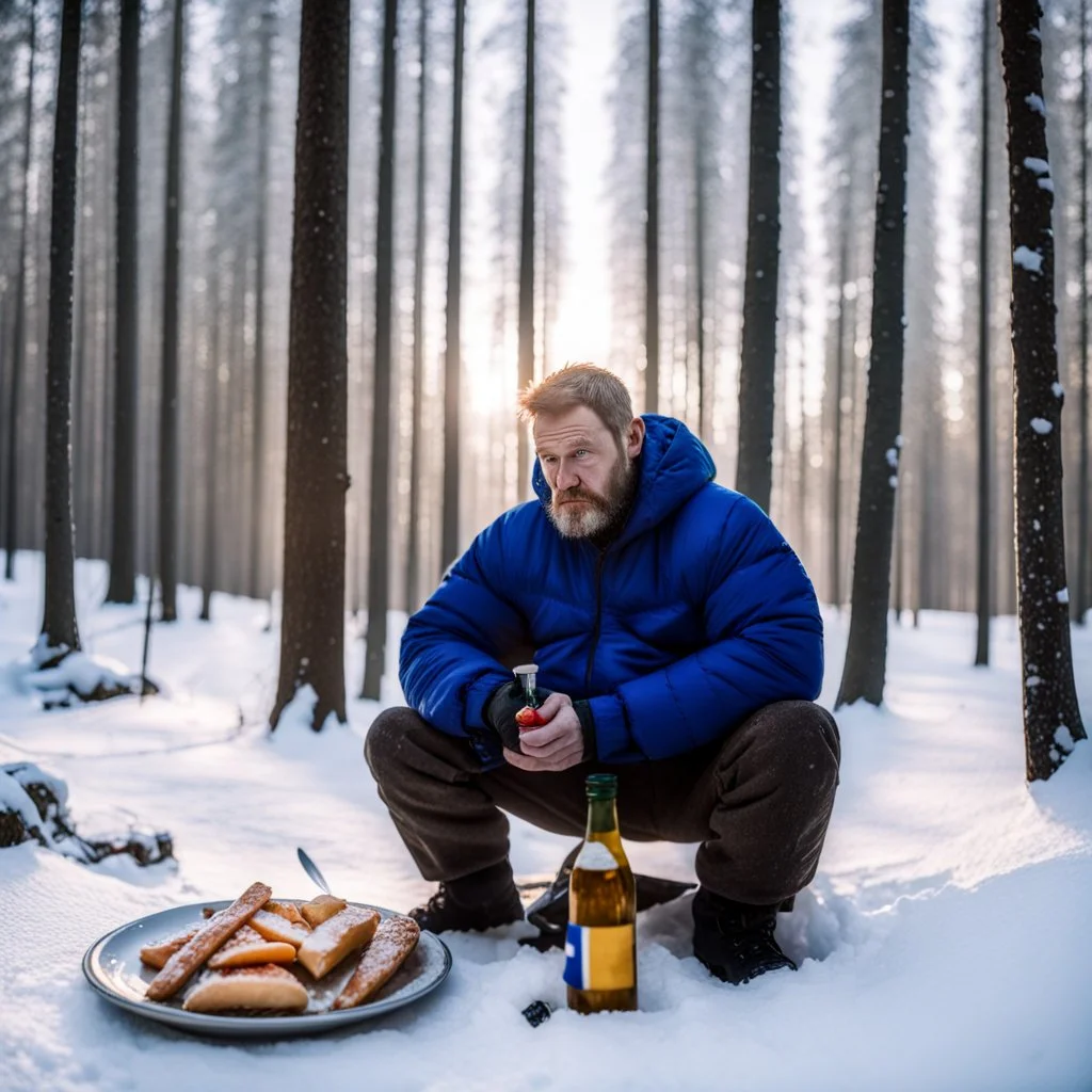 a sad Finnish man without food on his plate, outside his house in the forest, Winter, snow, very cold, Finnish flag down at half way up, Finnish flag, a bottle of Koskenkorva in his hand, knifes and sauna