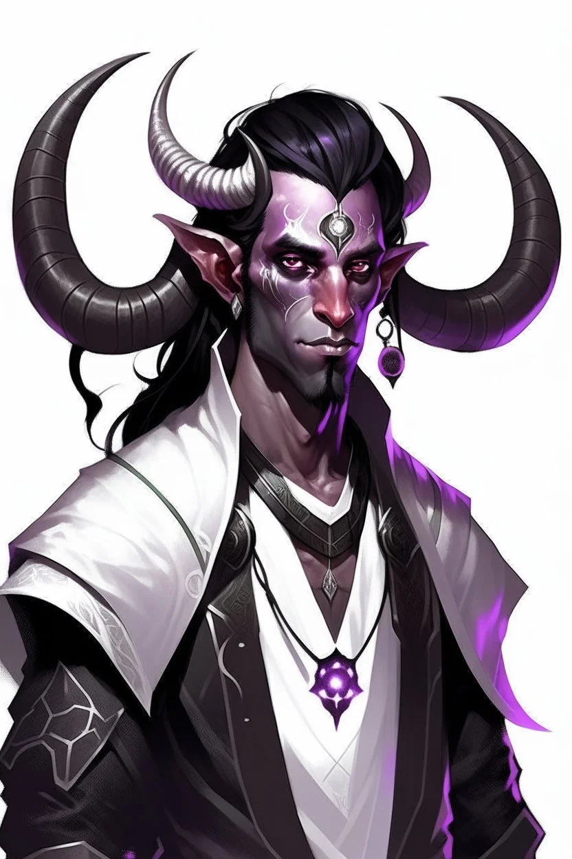 En Young male Black skin black hair tiefling White Wizard with large Black horns with a bit of Purple horns same size going from the front to the back. glowing Silver and White symbols