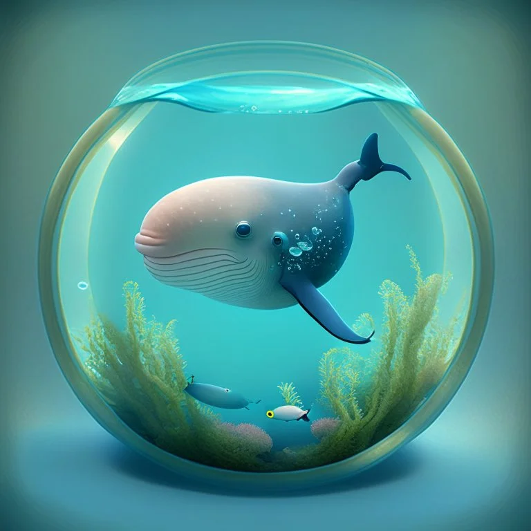 A cute little Sperm whale in a small circular fish tank.