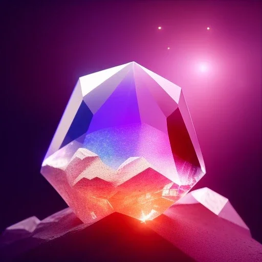 photograph of a (one massive colorful crystal:1.2) growing out of the rocky mountain, (focus on crystal:1.2), 4k, 8k, (highly detailed), ((landscape)),(translucent crystal:1.1), light going trough the crystal, bokeh, chromatic aberration, mountain view, blue and pink background