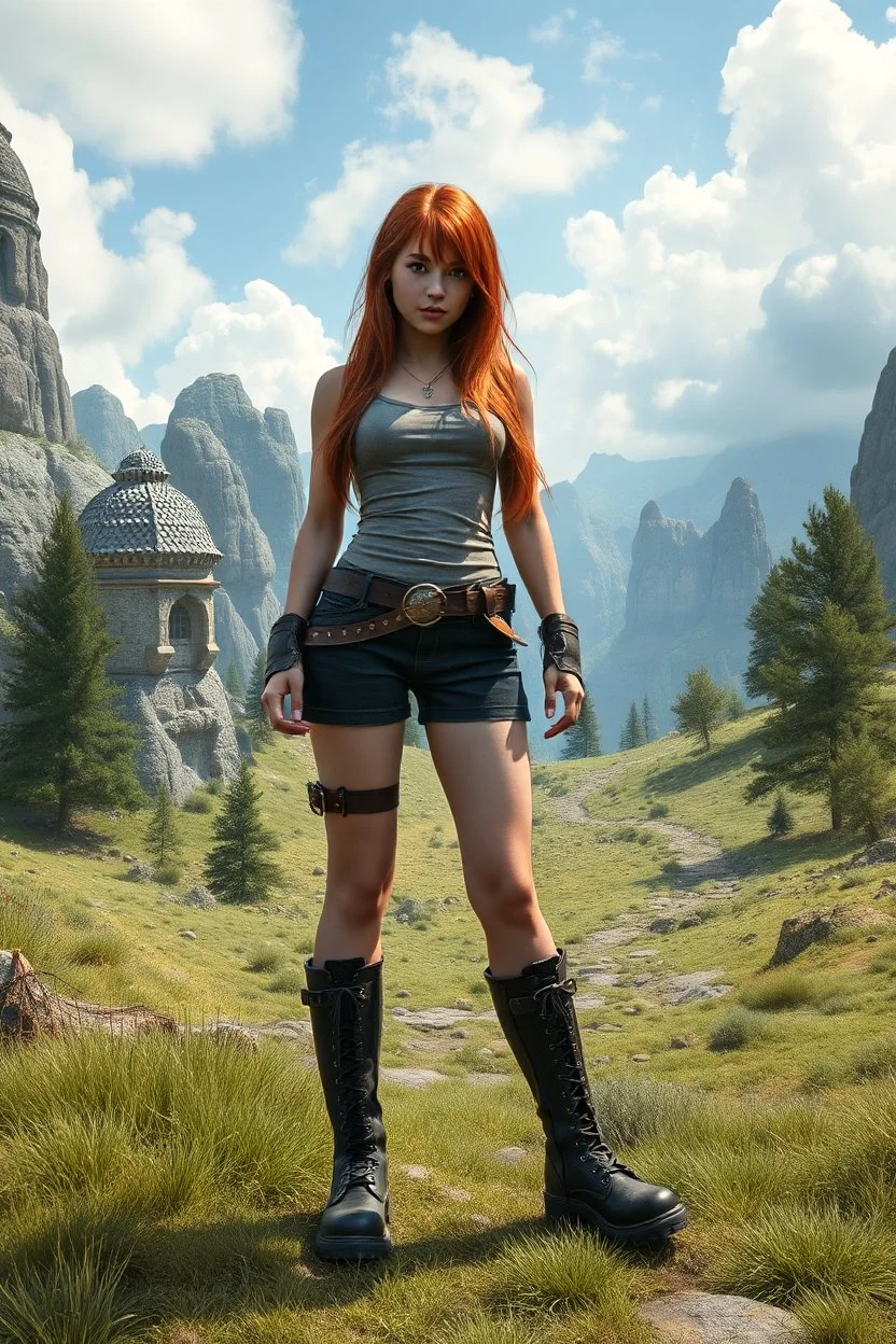 Photorealistic full-height photo of a fantasy skinny pin-up girl in steampunk shorts and boots with long, dark ginger hair in a fantasy landscape