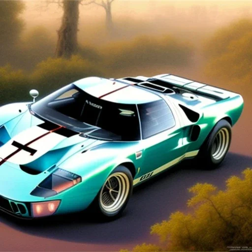 hyperrealism Drawing of 'Ford GT40' three quarter frontal aerial view, by gaston bussiere, greg rutkowski, yoji shinkawa, yoshitaka amano, tsutomu nihei, donato giancola, tim hildebrandt,oil on canvas, cinematic composition,Sharp detail,extreme detail,fit full head inside picture,16k