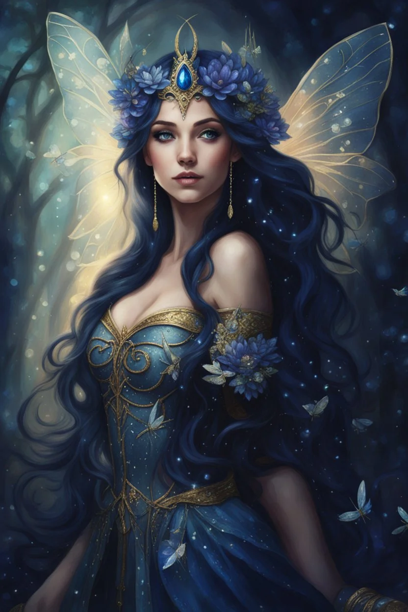 Midnight blue,Dark blue hair,night,dark fairy princess ,elven crown,elven ears,sparkle,glitter,gold armor,dragonflies,rapunzel hair,water lilies