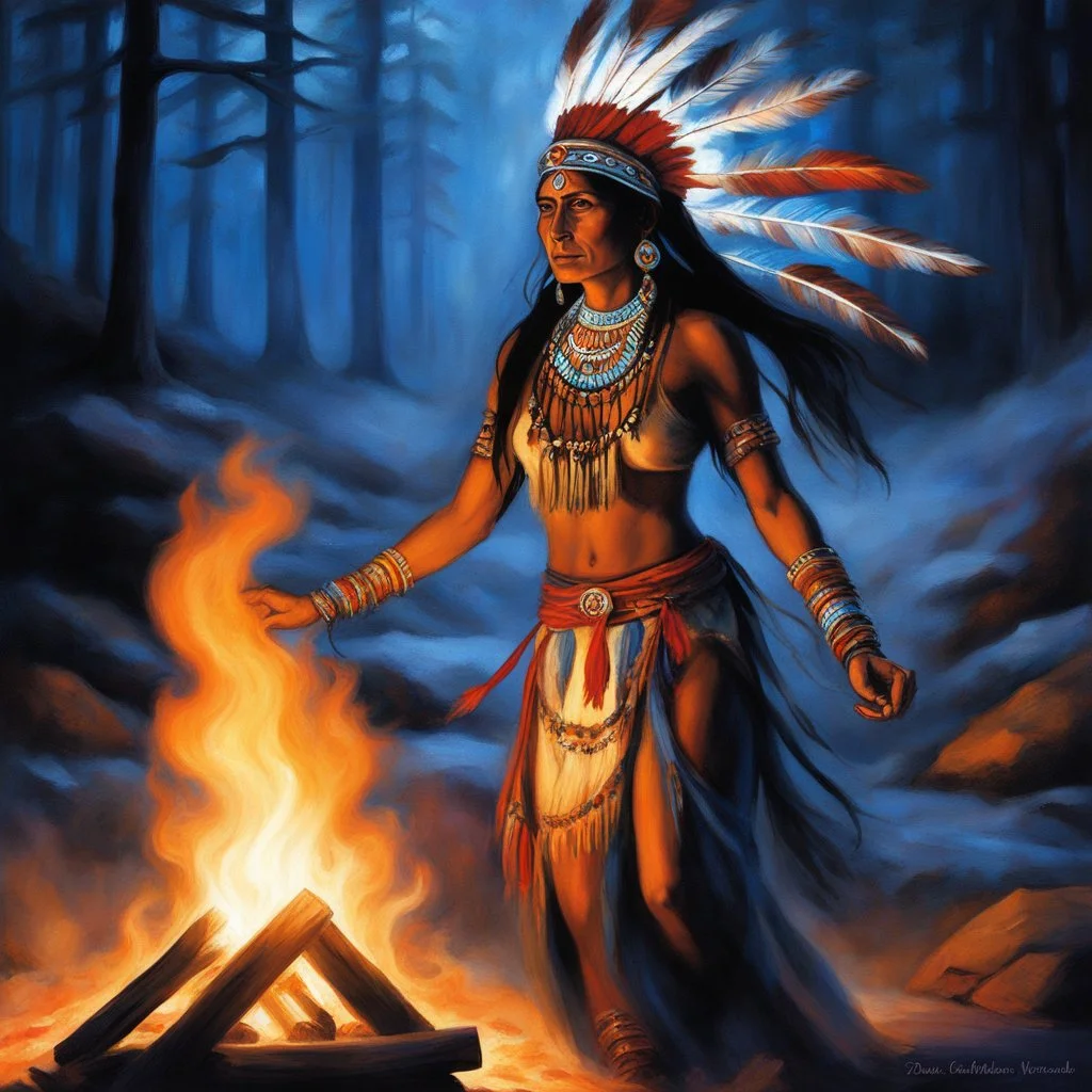 by the flickering light of a campfire, stands a half-naked native Indian shaman woman covered with sacred paintings. Her presence is a dance of shadows and light, her movements like poetry in motion as she weaves the mystic signs with her hands.