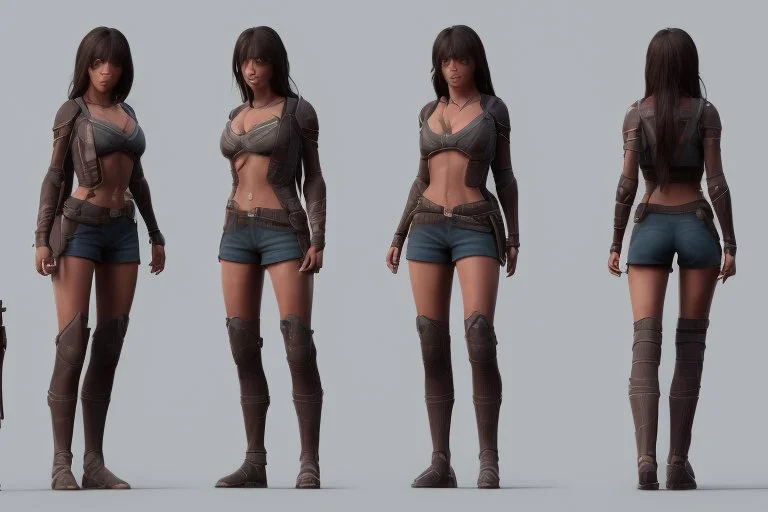 Female character full anatomy Proportions including front, side, and back model sheet .stylized animation character 8k Art station. stylized realistic style character vray render .smooth skin.