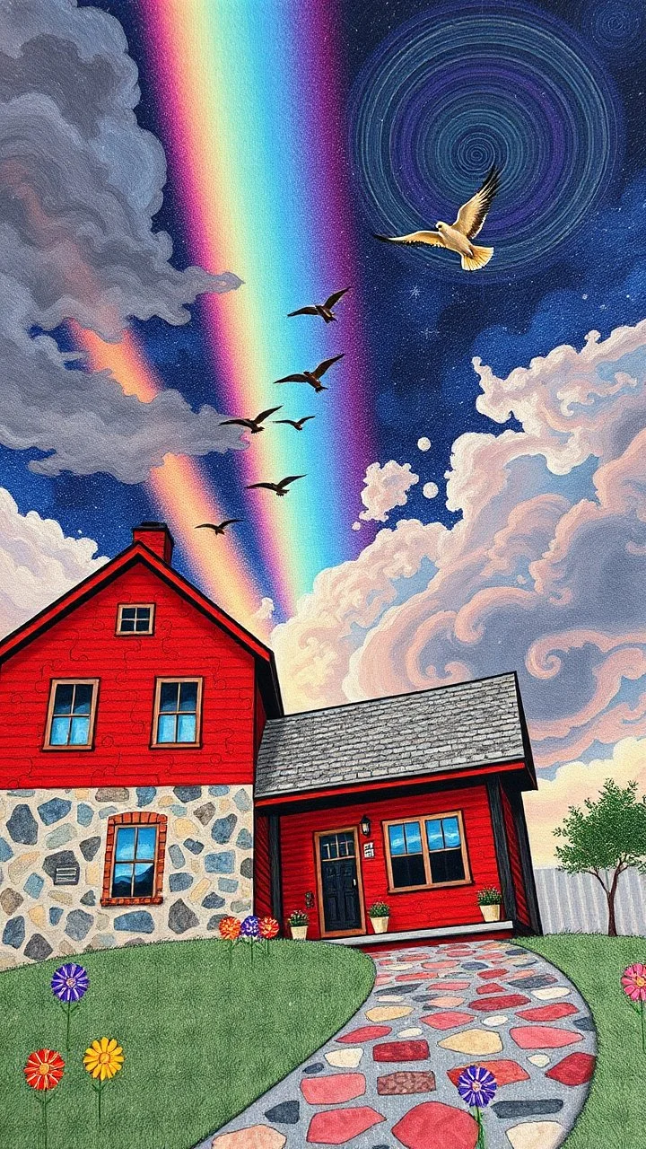 "Midnight Serenade unique" low view angle shot down rainbow sky , large close up a beautiful red house , with birds in the sky ,granite terrazzo motifs with puzzle modern , clothing is decorated with colorful filigree abstract, Collage chutes papiers magazines,Spirograph background by Nisa Kiley, Textile Artist،