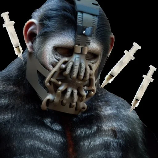 Ape earing Bane mask, visually stunning, trending on sci-fi forums and websites, explores the limits of technology and humanity, thought-provoking theme