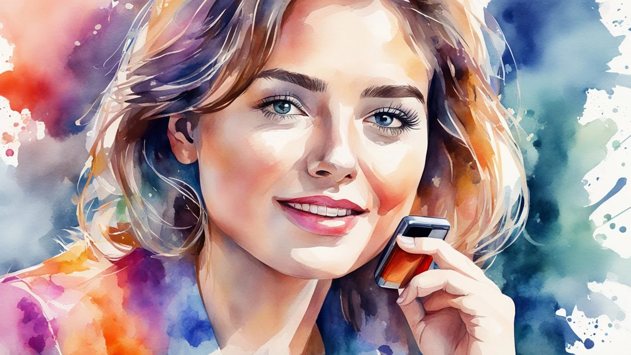 watercolor, beautiful woman talking on a smartphone, clear focus, high detail. 3d, 64k, high resolution, computer graphics, hyperrealism, f/16, 1/300 sec. digital painting, pop art,