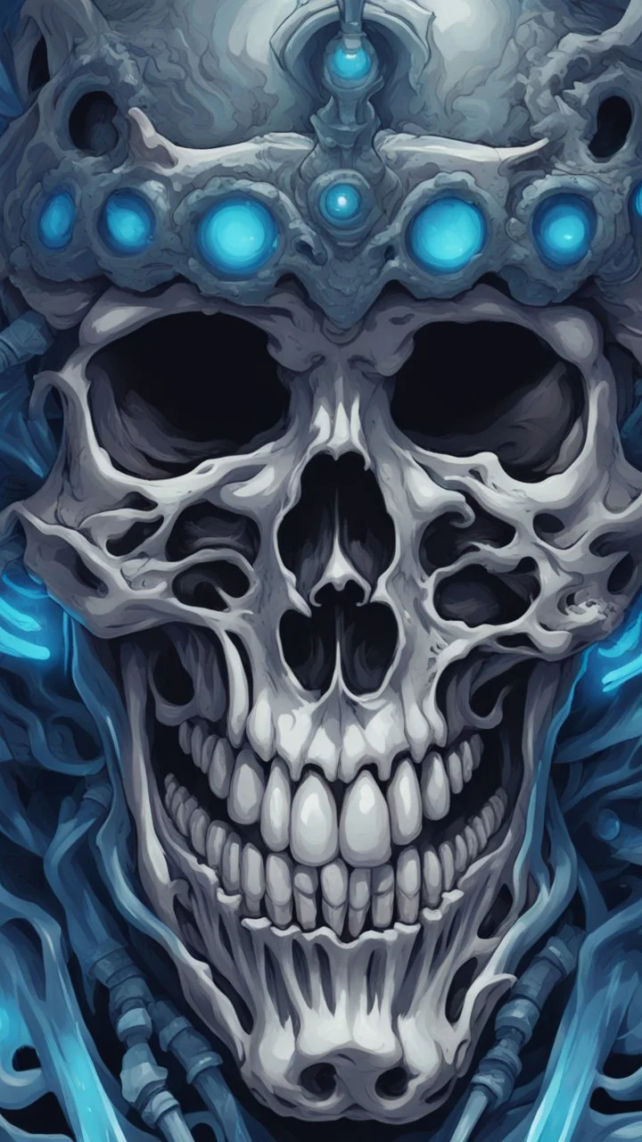 a close up of a person with a skull on their head, blue and black colors, anime skull portrait man, scary detailed art in color, hiroyuki-mitsume takahashi, nychos art aesthetic, half man half skeleton, anime cyberpunk art, colored manga art, rossdraws pastel vibrant, cold colors. insanely detailed, beautiful anime portrait, stunning anime face portrait, scary art in color