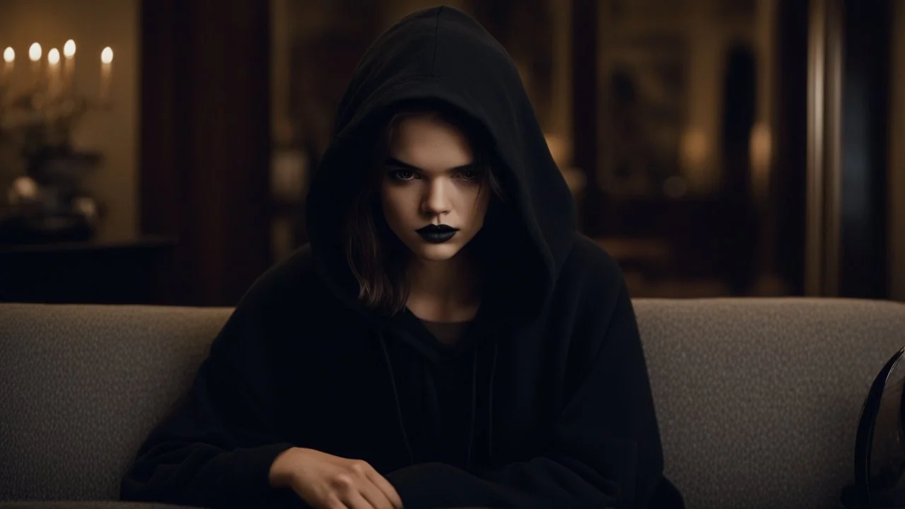 [Legend (1985)] Maia Mitchell as Dahlia Death, she is a pale brunette with black lipstick clad in a dark agent provocateur dress with a hoodie and a scythe. She sits on a sofa in a dark mansion