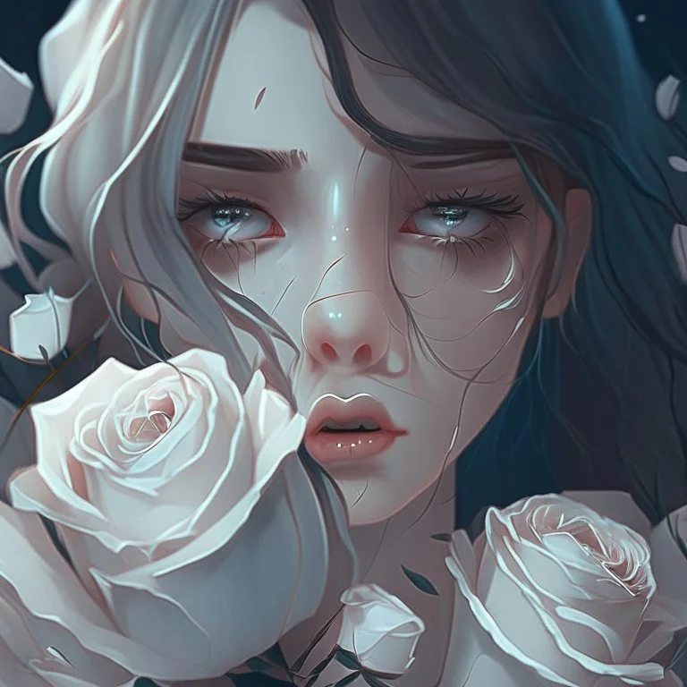 Pictures of a girl with a beautiful face holding white roses covering her face Like from a cartoon movie, digital art, anime, 4k, full details, high resolution