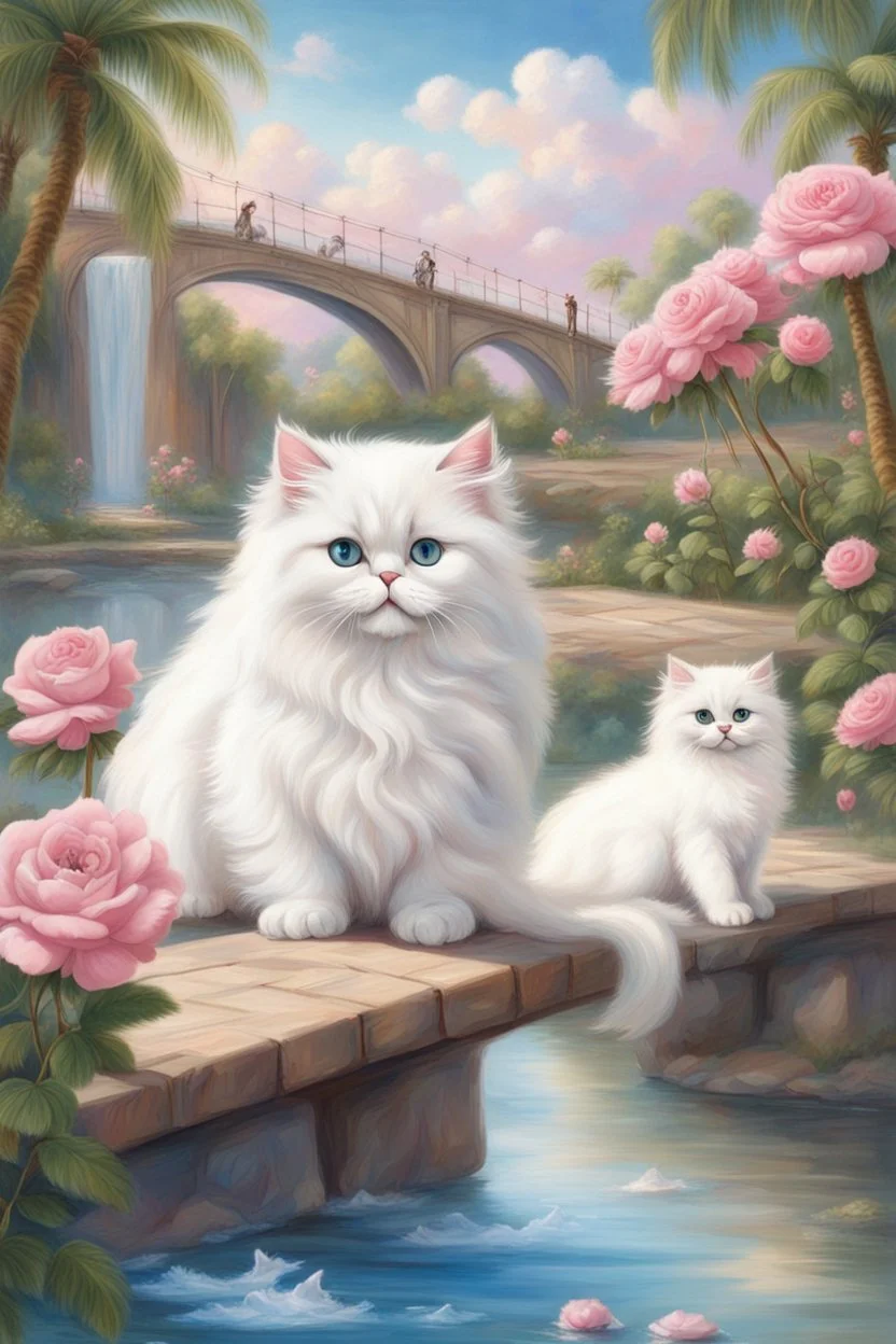 in the center: beautiful chunky white persian cats with blue/green eyes, playing on a bridge with kittens, under the brigde flows a small blue river; background: landscape with palm trees, first plan: pink roses: white clouds