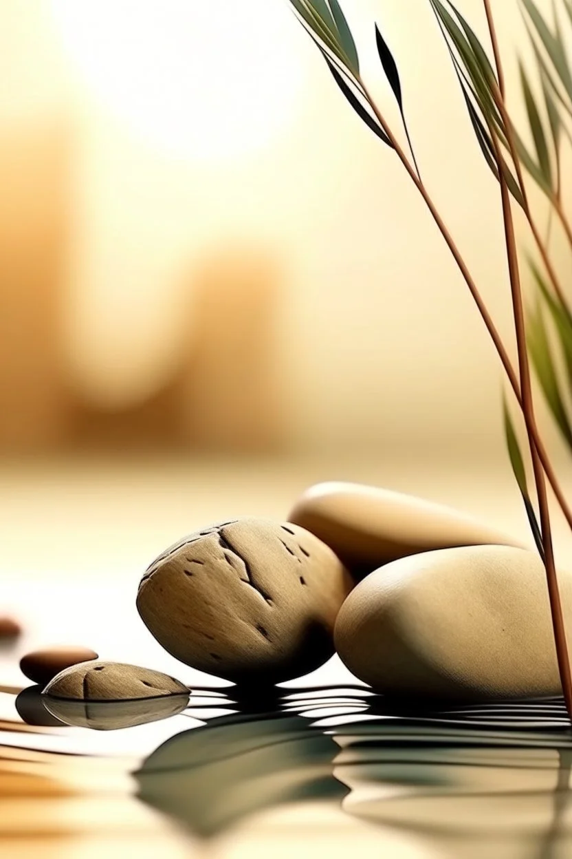 delicate background with spa stones and a bamboo stem, on a blurred background on the stones, abstract silhouette of a flexible girl, photorealistic photo