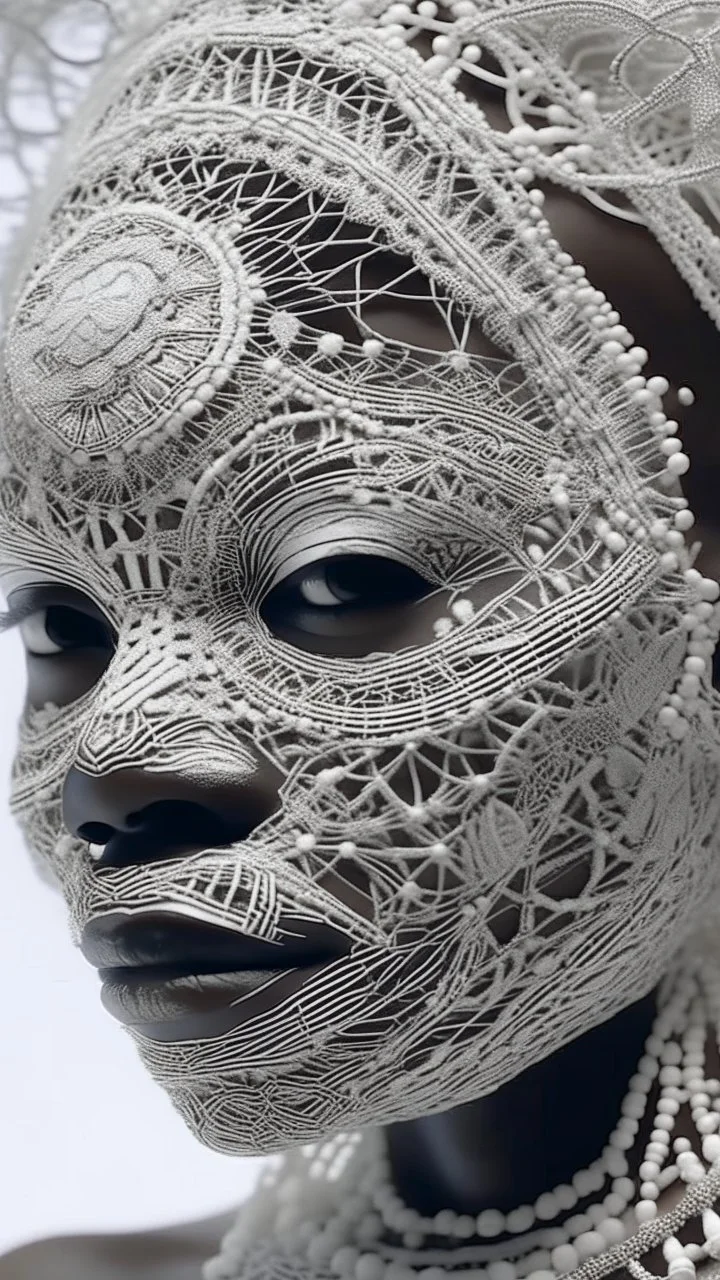 A long hyperrealistic shot of a queen of the African tribes all face all in white head out of a white spider web, intricate details, soft natural light, screen captured from 4K Blu-ray. All white background