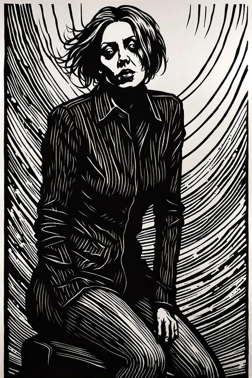 create a deep powerful tragic and evocative, full body woodcut of a raw and weathered gothpunk female, in the style of KATHE KOLLWITZ , searing lines and forceful strokes