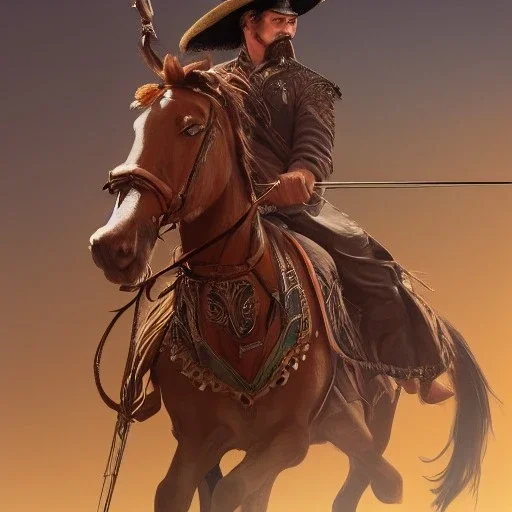 portrait,"Insanely detailed photograph of a male western mustachioed crossbowman", detailed charro, sequenced Sombrero, detailed held dagger, digital painting, artstation, concept art, sharp focus, illustration, art by artgerm and greg rutkowski and alphonse mucha, 8 k,fantasy, unreal engine