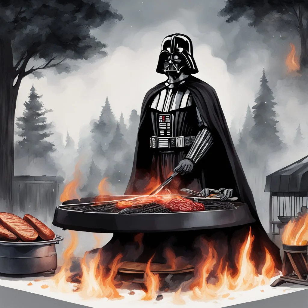 Create a beautiful illustration that showcases Darth Vader, adorned in his iconic black cape, standing over a bbq. Set this scene against a white background.