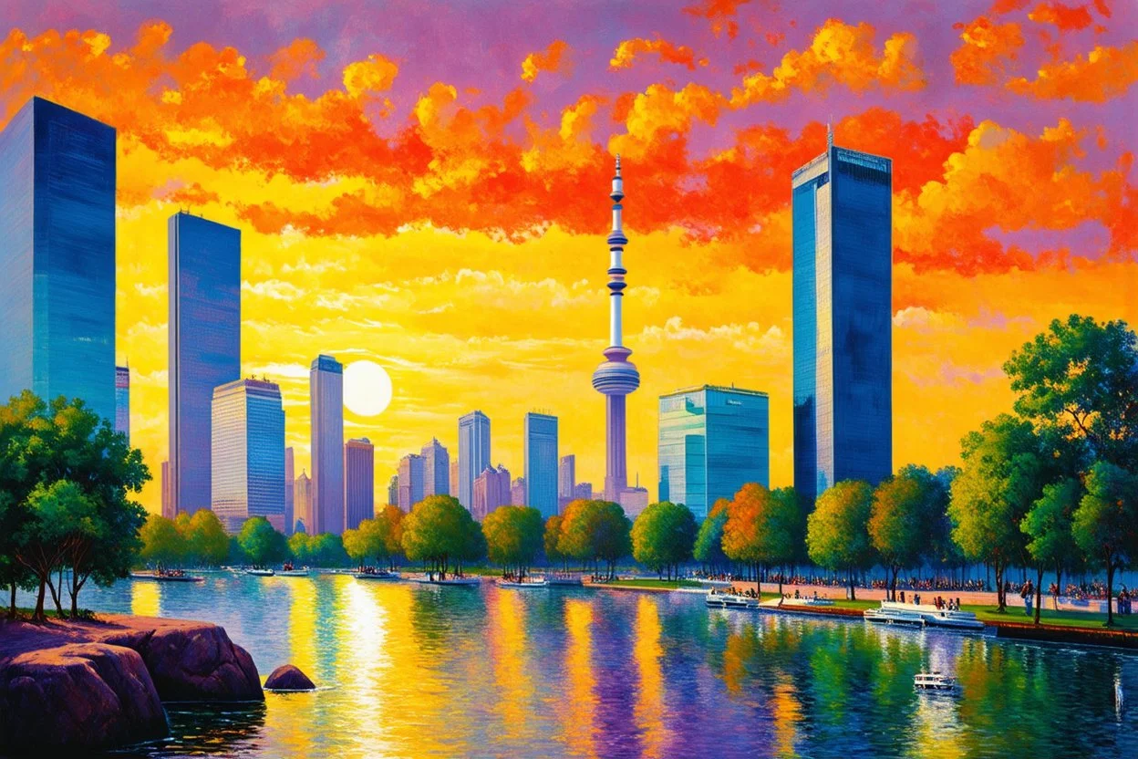 sunset, buildings, lake, rocks, city, park, trees, cyberpunk, sci-fi, emile claus, and claude monet impressionism paintings