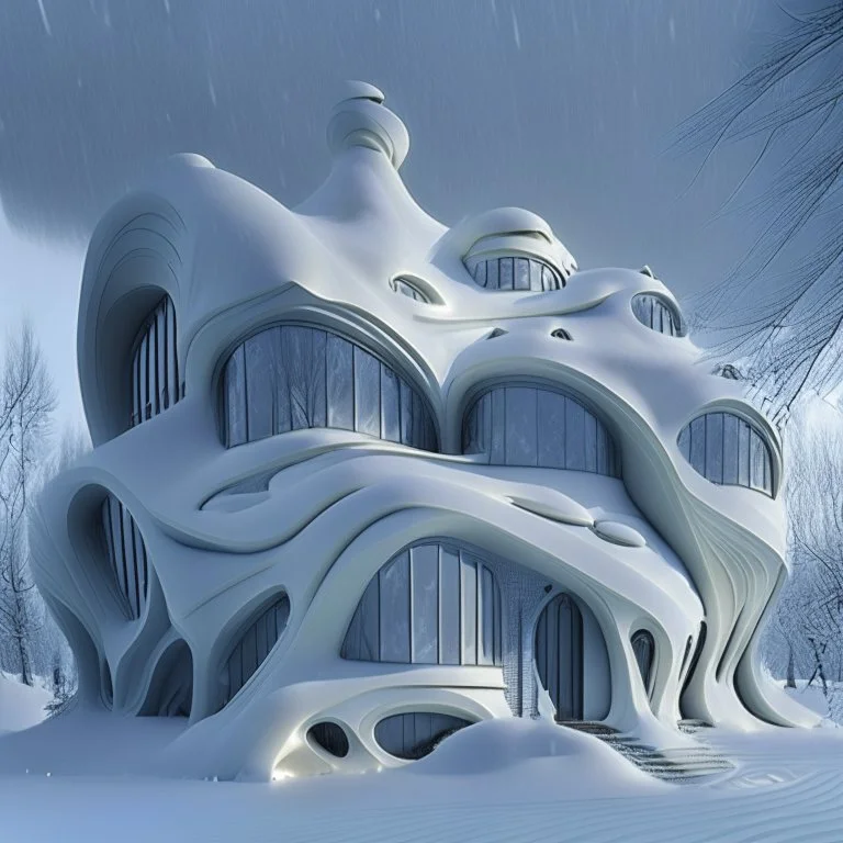 a house that is covered in snow, in the style of art nouveau organic forms, vray tracing, chromatic sculptural slabs, dark white and gray, melting, landscape fantasies, danube school