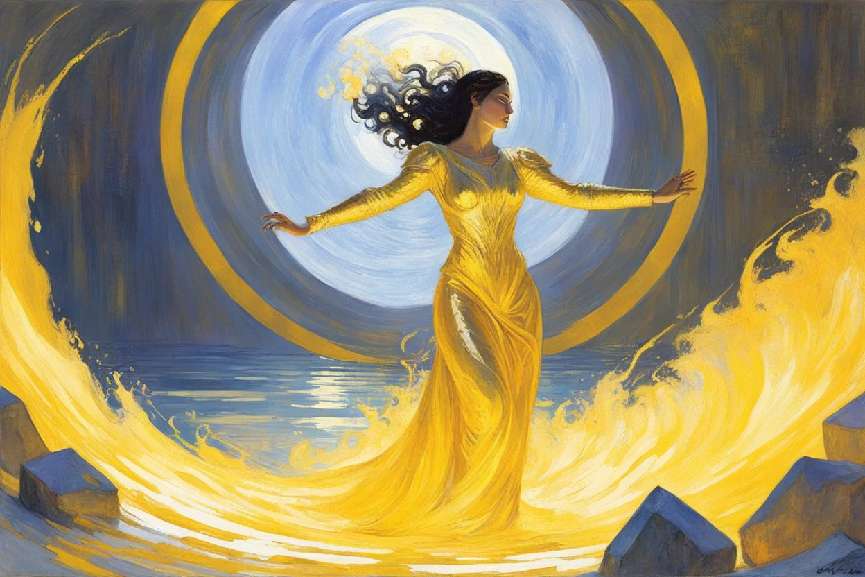 (art by Kupka) The golden light around her intensifies. "We need to disrupt the drain." Sulfur steps forward, molten armor rippling. "Then let's melt that cursed vortex." She raises her hands and heat ripples outward in visible waves. The very air bends around her power, the stones at your feet cracking from the temperature differential. Frixion crouches, muscles coiling. "I'll take point—run me through it, Sulfur, I'll carve my way through." Crux drifts closer to Mary, her translucent form hum