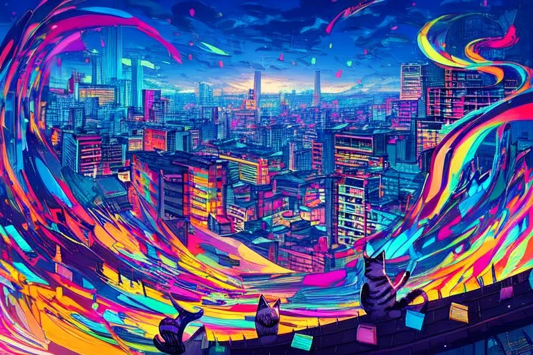 sunset, cat on the roof, city in japan, colorful