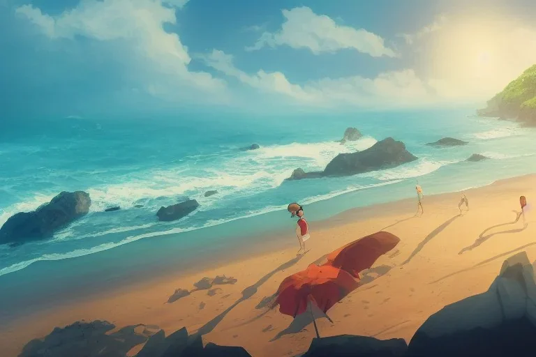 a beach, cinematic angle, studio ghibli, wes anderson, volumetric lighting, breathtaking, beautiful composition, elegant, digital art, detailed, oil painting, hyperrealistic, sharp focus, 8k