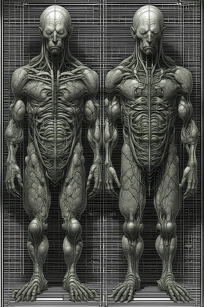The full body of one fat old men , a thin line draw ، Siamese brothers with one body of two heads , front view camera, decayed and rotting with grotesque proportions and imagery. surreal horror, biomechanical design, by hr giger and beksinski , fine lines draw