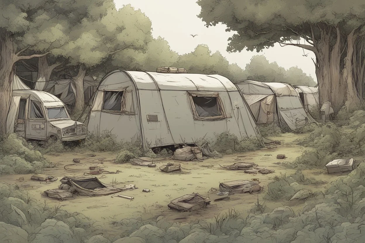 campsite, overgrown, post-apocalyptic, comic book,