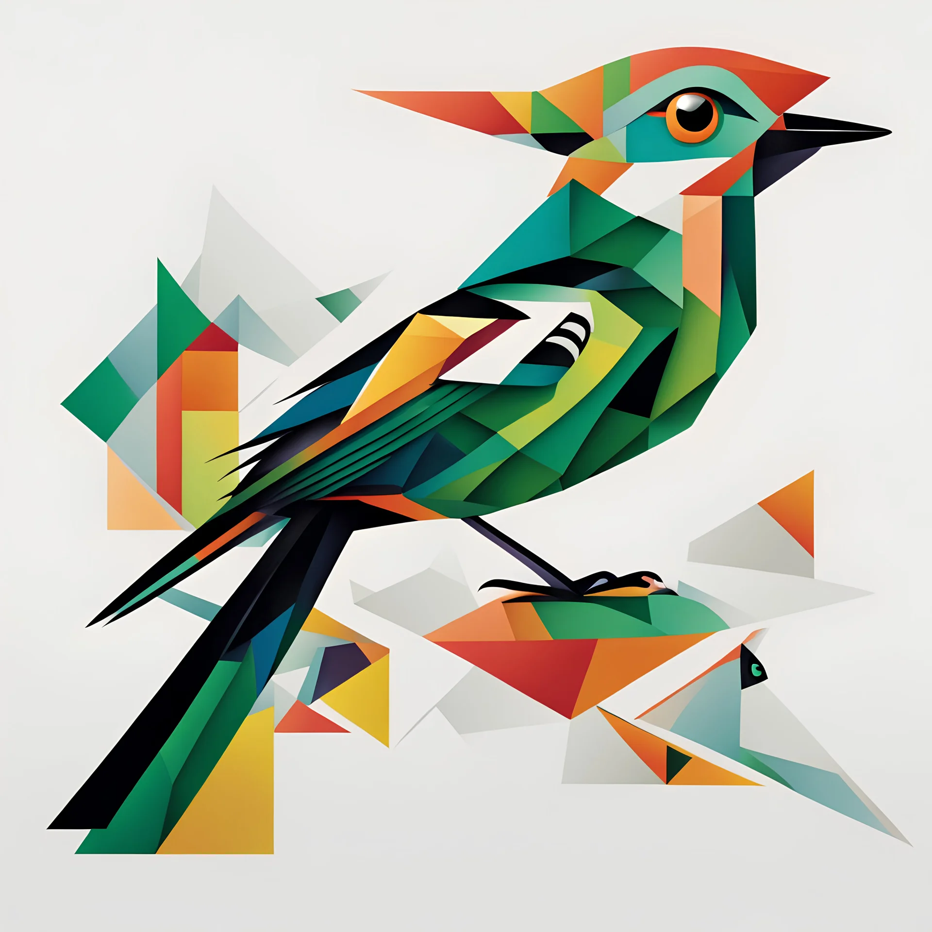 The image features a cuckoo bird with a tilted head and an open beak, against a white background, which is depicted in an abstract and geometric style with a minimum of elements, with elements of Neo-Cubism and Fauvism, using vivid colors and bold lines. The bird is depicted using a minimum of different shapes and patterns, for example its wing is green with black dots. The bird's surroundings are made up of five different geometric shapes that harmoniously complement the overall picture. The ov