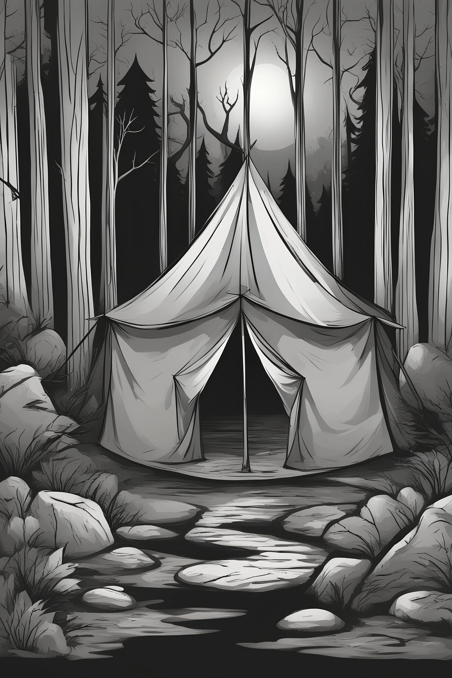 tent in a dark scary cartoon forest, background