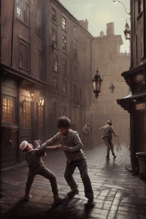 photorealistic painting of young boy fighting old boy, industrial era, night time, people in background, diagon alley